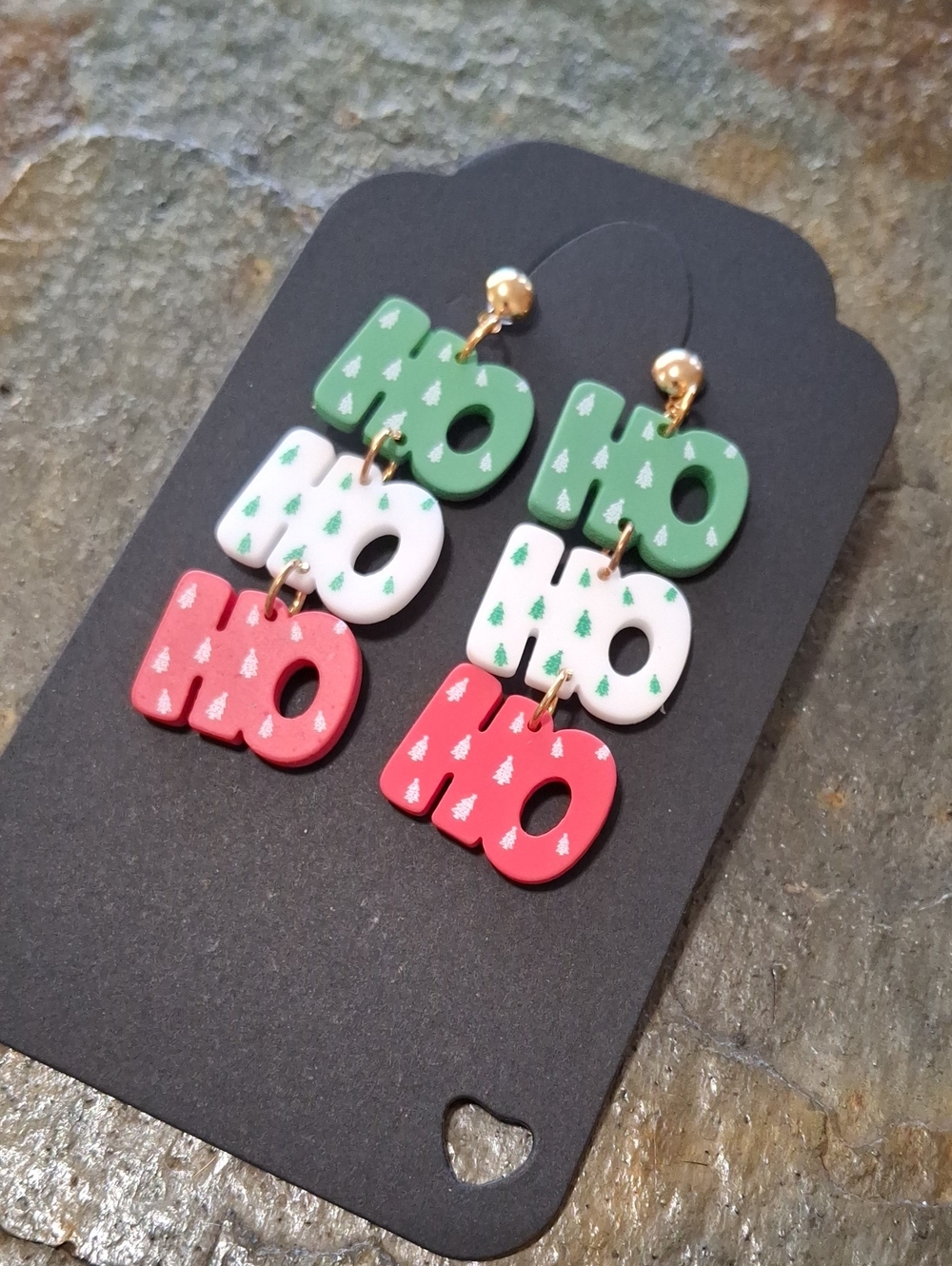 Festive Green White & Red 'HO HO HO' Holiday Earrings